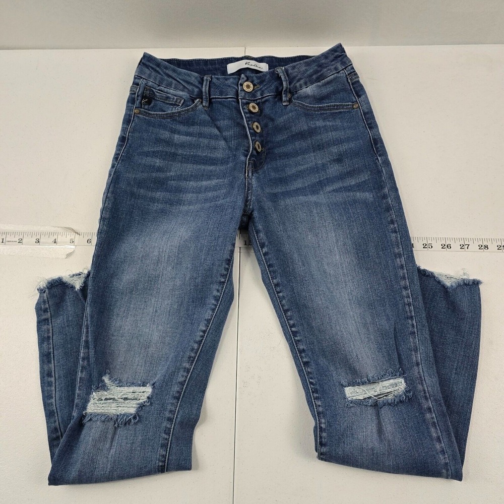 Kancan button fly jeans slim skinny distressed size 7/27 medium wash‎ 4744